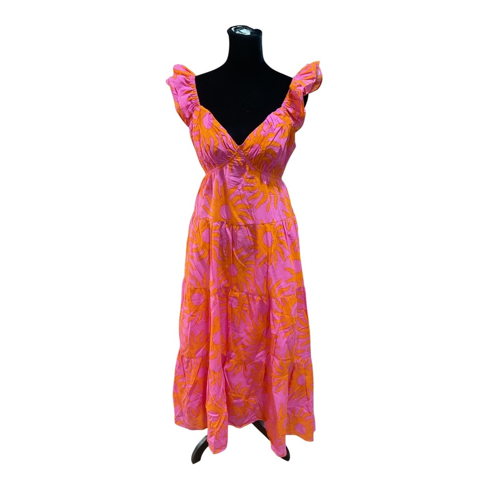 J. Marie Mara Ruffle Strap Tie Midi Dress Pink Orange Sunburst Cotton Large NEW